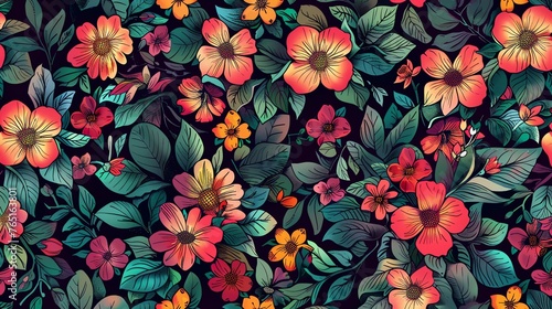 A beautiful floral pattern with a dark background. The flowers are mostly red  orange  and yellow  with some green leaves.