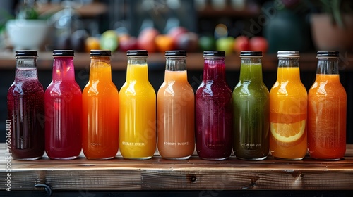Different types of juice in glass bottles on the table