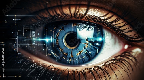 A human eye with cybernetic enhancements, demonstrating AI technology. Concept: Innovative technologies in medicine and cybernetics, a breakthrough in improving and treating vision