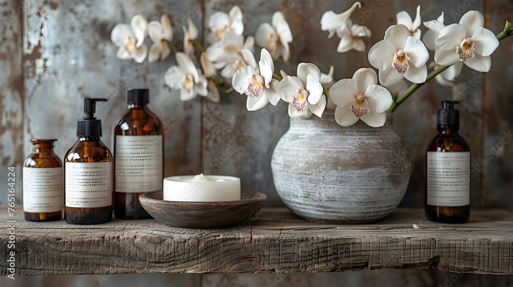 Obraz premium A white vase filled with flowers next to bottles of lotion. AI.