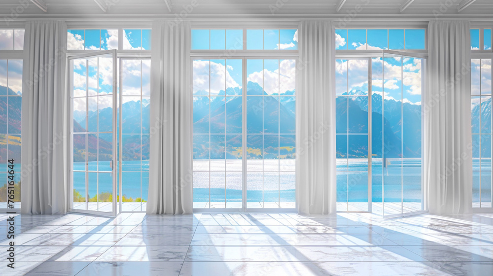 Fototapeta premium Empty bright room with large French windows with white curtains overlooking the mountains and sea