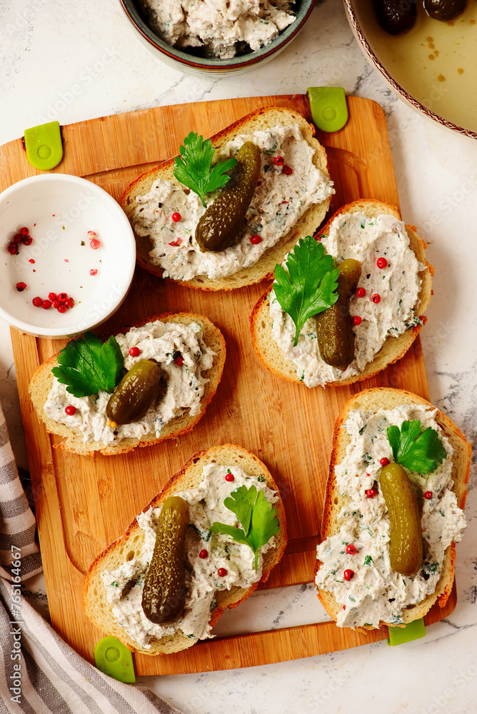 Sardine and cream cheese rillettes with gherkins .top veiw Sardine and cream cheese rillettes with gherkins .top veiw