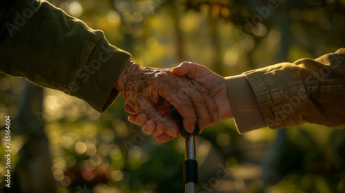 A supportive hand holds onto the hand of an elderly person with a cane.