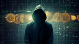 Silhouetted figure in hoodie with Bitcoin symbols and financial data background