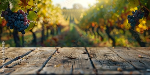 Blurred vineyard background on empty wood table ideal for product display or winerelated content. Concept Product Display, Vineyard Background, Wine Accessories, Food Pairings, Lifestyle Photography