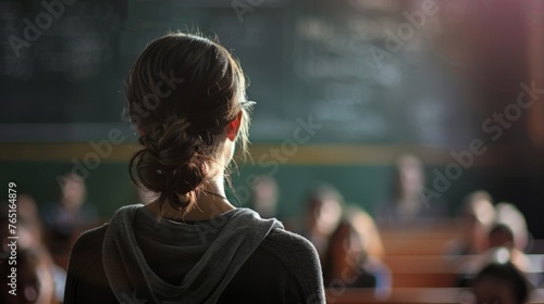 Teacher in the classroom, seen from behind generative ai