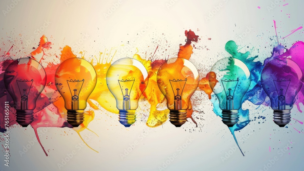 Row of color-tinted light bulbs with paint splash - A lined-up array of light bulbs tinted with a spectrum of paint colors - obrazy, fototapety, plakaty 