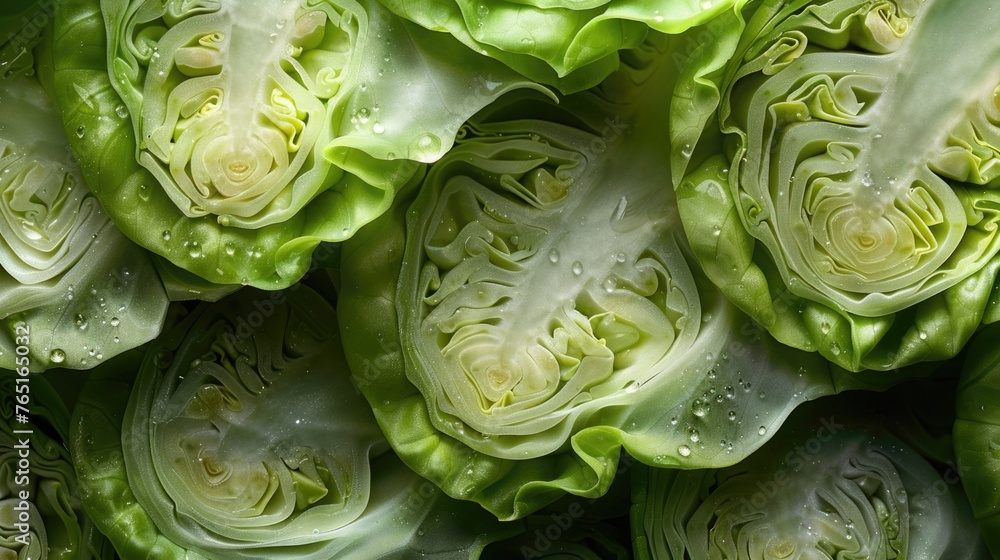 Fototapeta premium Close-up texture shot of sliced Brussels sprouts and cabbage, focusing on the intricate patterns and vibrant green hues, ideal for backgrounds or abstract art