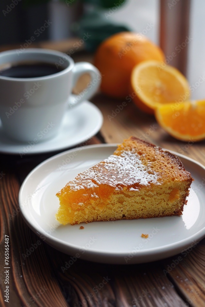 Delicious slice of cake served with a cup of coffee. Perfect for cafe menus
