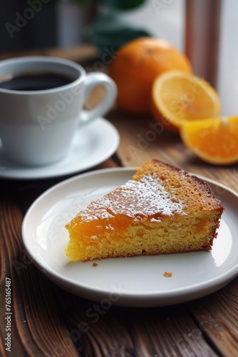 Delicious slice of cake served with a cup of coffee. Perfect for cafe menus