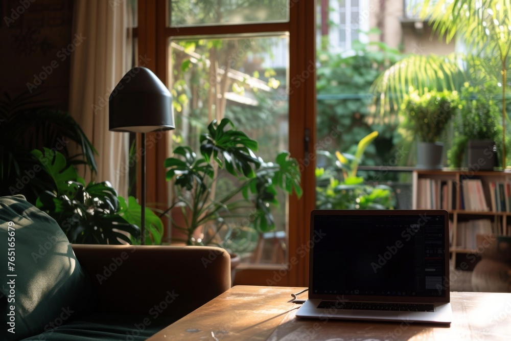 A laptop computer sits on top of a wooden table, surrounded by a minimalist and modern workspace setup, Taking a short break during a long telework day, AI Generated A laptop computer sits on top of a wooden table, surrounded by a minimalist and modern workspace setup, Taking a short break during a long telework day, AI Generated