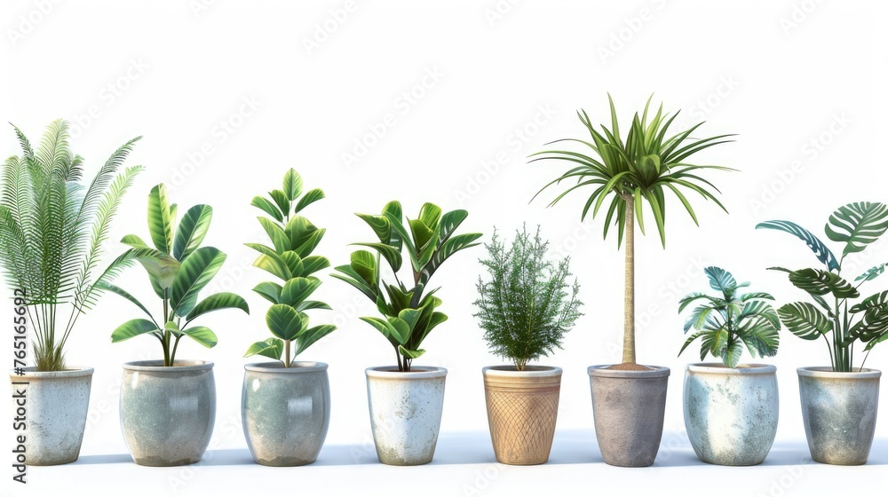 A row of potted plants on a white surface, suitable for interior design projects