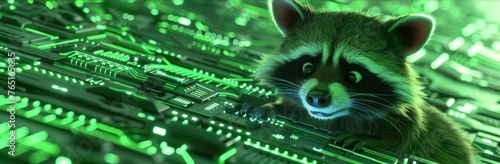 A raccoon in a spacesuit is operating a high-tech space console with various illuminated buttons and a view of a planet outside the window