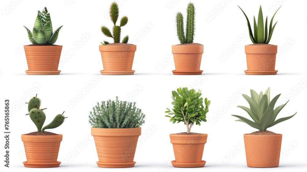 Group of potted plants on a clean white background, suitable for interior design concepts