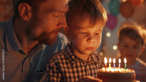 A child blows out candles on a birthday cake with family close by.