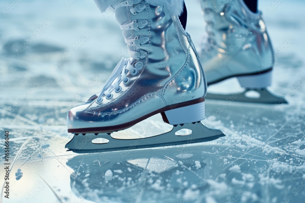 A detailed shot capturing the intricacies of a pair of ice skates, The close-up of a figure skater's shoes with shiny blades, clicking on the ice surface, AI Generated A detailed shot capturing the intricacies of a pair of ice skates, The close-up of a figure skater's shoes with shiny blades, clicking on the ice surface, AI Generated