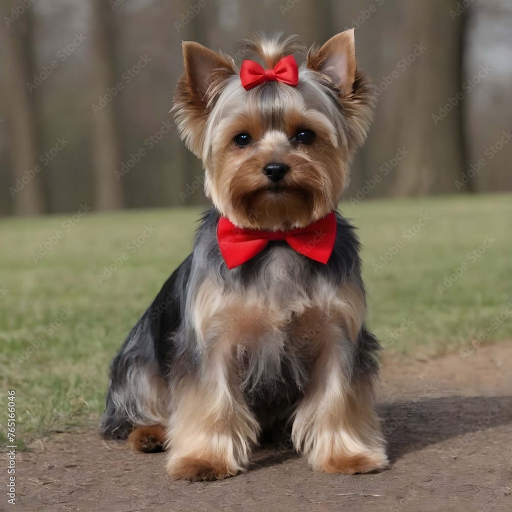 Adorable Yorkshire Terrier Wearing a Red Bow in a Sunny Park Setting