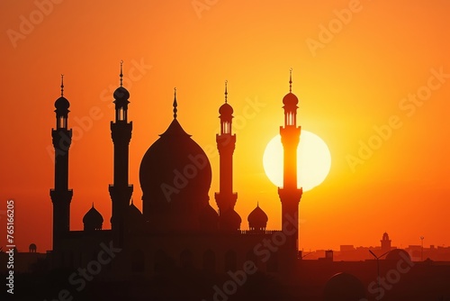The sun is seen setting behind a massive building, casting golden rays across the sky, The graceful silhouette of a mosque against a sunrise, AI Generated