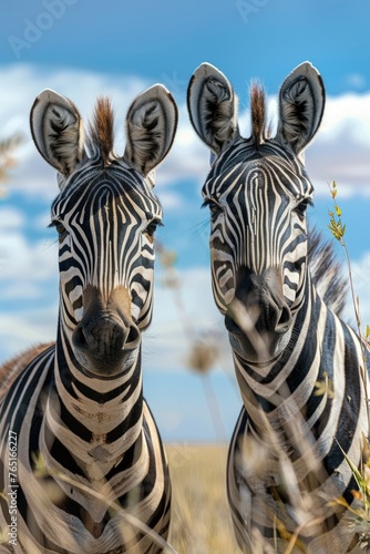 Two zebra standing side by side  suitable for wildlife or nature themes