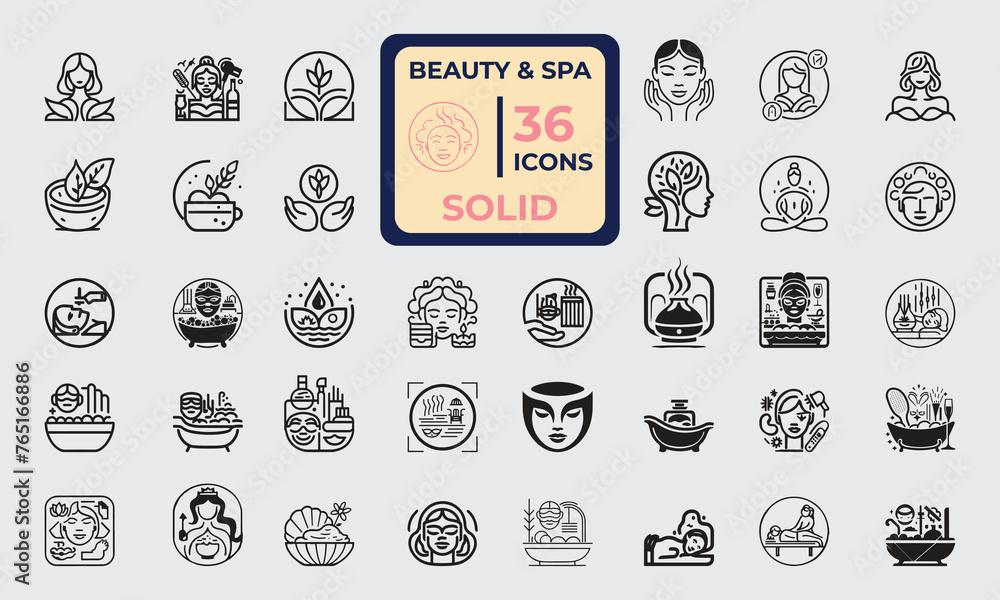 Set of 36 Solid Icon related to Beauty & SPA. Solid editable icons collection. Vector illustration.