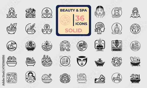 Set of 36 Solid Icon related to Beauty & SPA. Solid editable icons collection. Vector illustration.