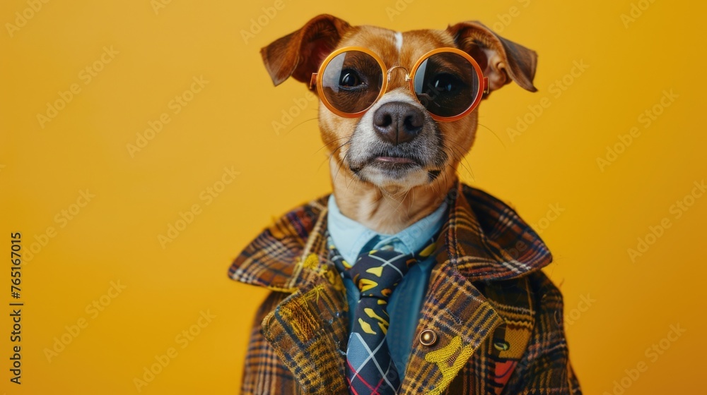 Stylish dog with sunglasses and tie, perfect for business or summer concepts
