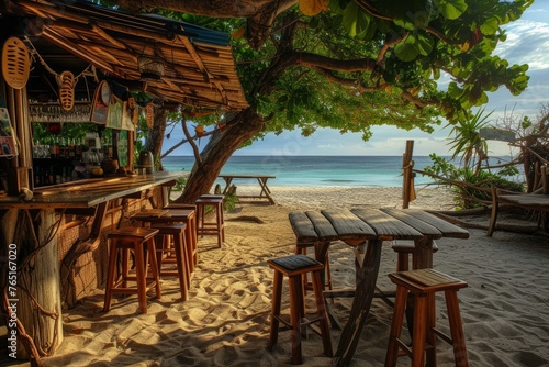 Beach bar sunset. Summer vacation. Generate Ai