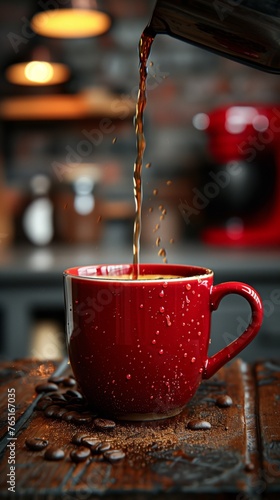 Una taza carmesí atrapa una cascada de café, su superficie una constelación de burbujas y granos. Este momento, congelado en el tiempo, emana el calor de un café acogedor.