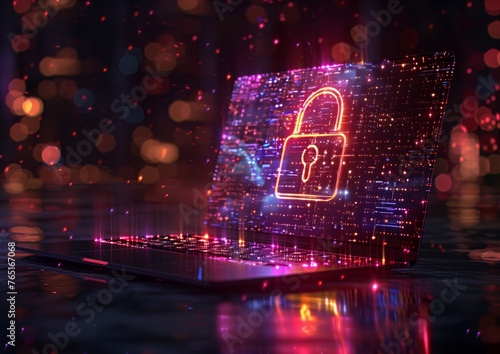 Un holograma luminoso de un candado emerge de la pantalla de un port  til  un s  mbolo vibrante de protecci  n digital en un mundo inundado de corrientes de datos centelleantes.