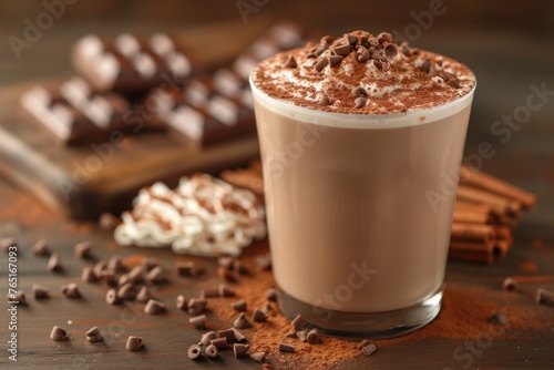 A cup filled with hot chocolate topped with whipped cream and chocolate chips