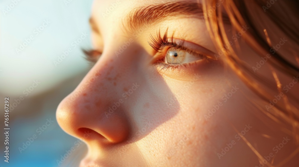 Fototapeta premium Close-up photo of a young woman with sun-kissed freckles and blue eyes, gazing sideways. Her face is illuminated by the sun, and her softly lit hair contrasts against a blurry blue sky background.