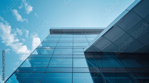 Modern glass office building, upward perspective. Clear blue sky with clouds reflected in skyscraper windows.