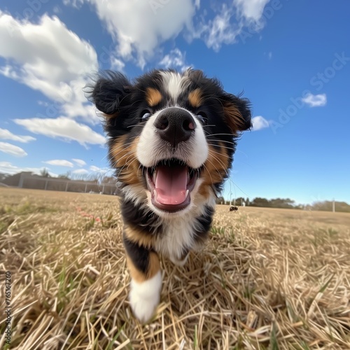 Exuberante y lleno de vida, un cachorro esponjoso corre hacia la cámara, su energía alegre y espíritu juguetón encapsulados en un único momento delicioso bajo el cielo abierto. photo