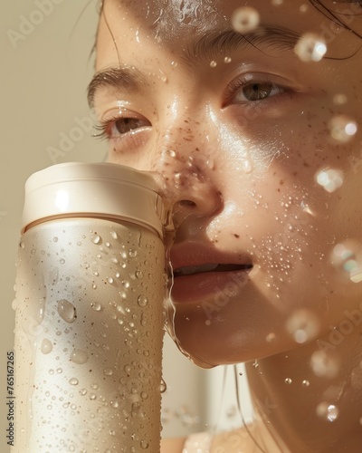 Un retrato íntimo de rejuvenecimiento, donde el rostro de una mujer, adornado con gotas de agua, se mantiene cerca de una refrescante bruma, resaltando un momento de pura hidratación y serenidad. photo