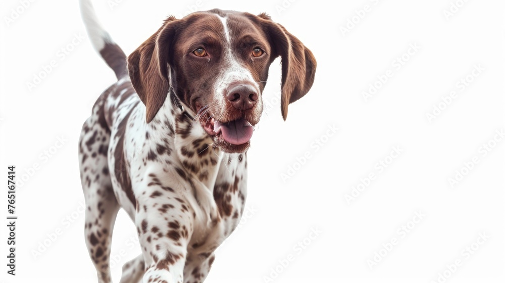 A brown and white dog standing on top of a white floor. Suitable for pet care or animal shelter themes - obrazy, fototapety, plakaty 