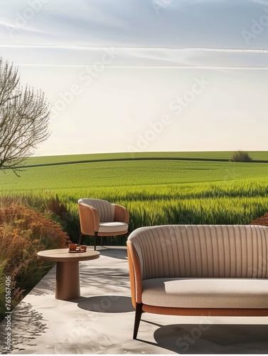 La serenidad susurra a través de esta escena donde muebles elegantes adornan una terraza, el horizonte se extiende en un mar verde de tranquilidad. photo