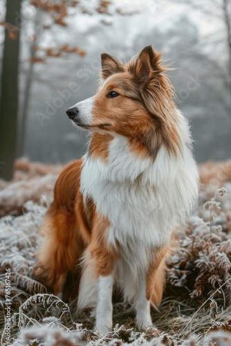 A brown and white dog standing on a snowy field. Suitable for winter themes © Fotograf