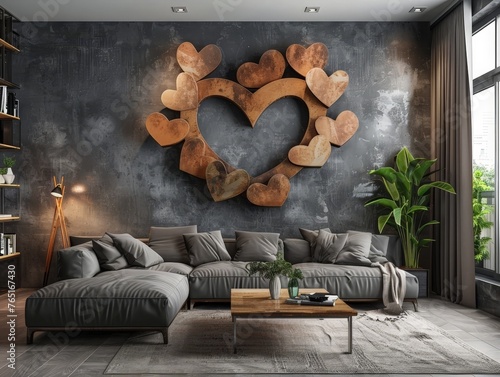 En una sinfonía de melodías contemporáneas y rústicas, una gran escultura en forma de corazón, creada a partir de corazones metálicos desgastados, adorna una pared texturizada en carbón. photo