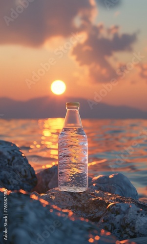 Mientras el sol se inclina hacia el horizonte, su resplandor ardiente es magistralmente encapsulado en una botella, una naturaleza muerta que captura el tranquilo fin del día. photo