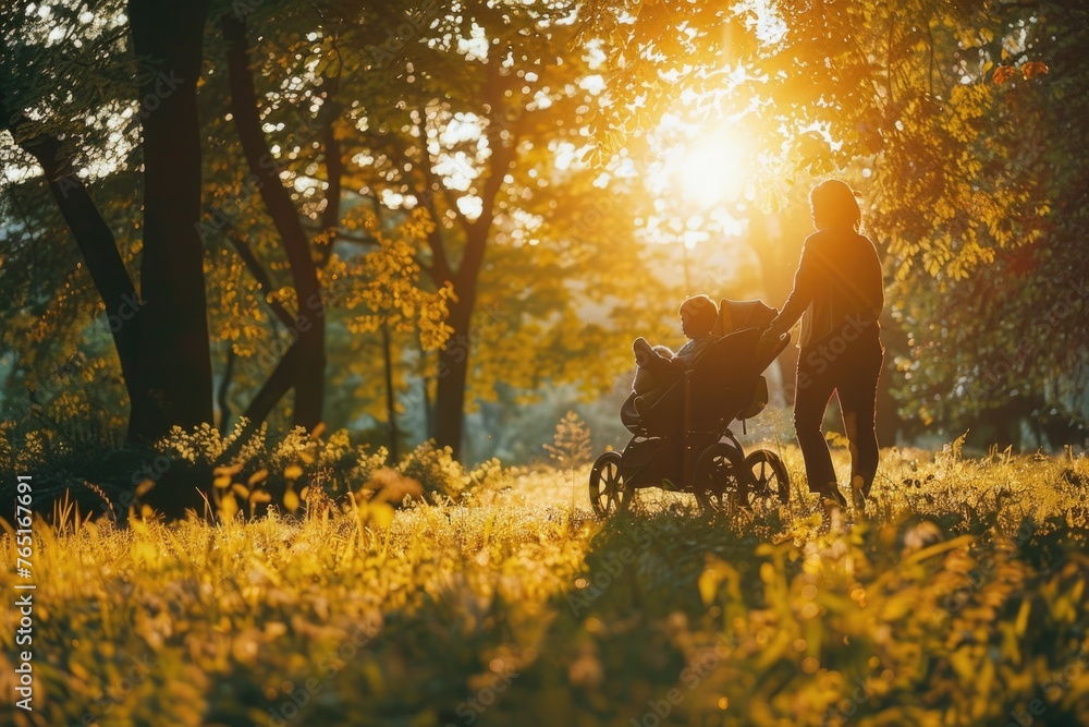 A woman pushing a child in a stroller at a peaceful park. Suitable for family and outdoor lifestyle concepts
