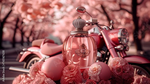 Un delicado frasco de perfume, adornado con emblemas reales, se sitúa con gracia en medio de un rubor de rosas, con el espíritu de la aventura simbolizado por una motocicleta clásica. photo