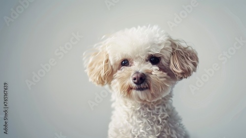 A small white dog sitting on top of a table. Suitable for pet-related designs