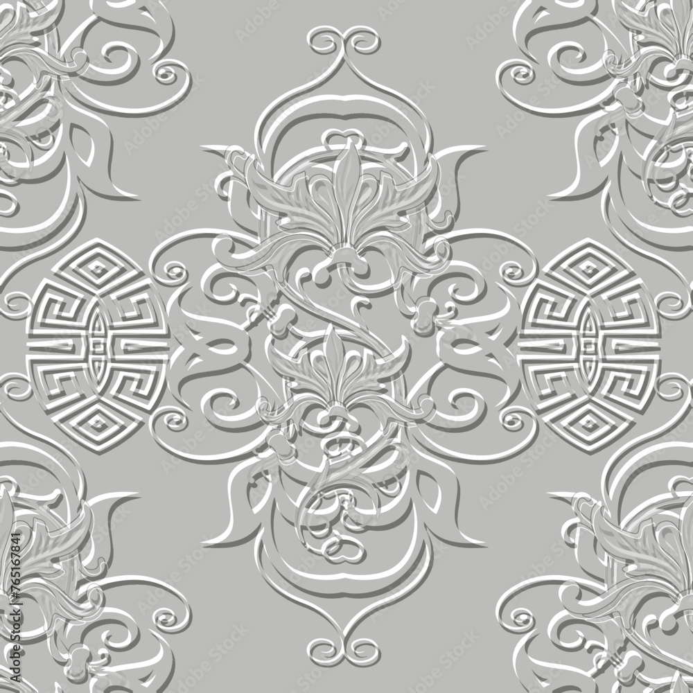Floral Arabesque Damask emboss greek 3d seamless pattern. Embossed white background. Textured repeat backdrop. Surface ornaments. Relief 3d vintage flowers, leaves. Grunge embossing endless texture