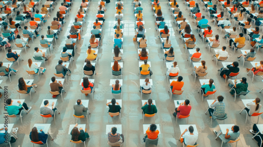 Fototapeta premium A large hall filled with rows of desks and students taking an exam.