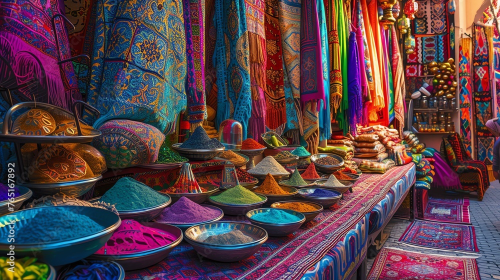 A vibrant and bustling Middle Eastern market, with colorful textiles, spices, and other goods on display.