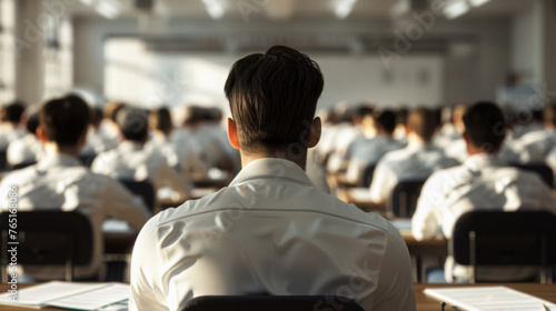 A teacher's back view with rows of students in uniforms facing a blackboard. photo