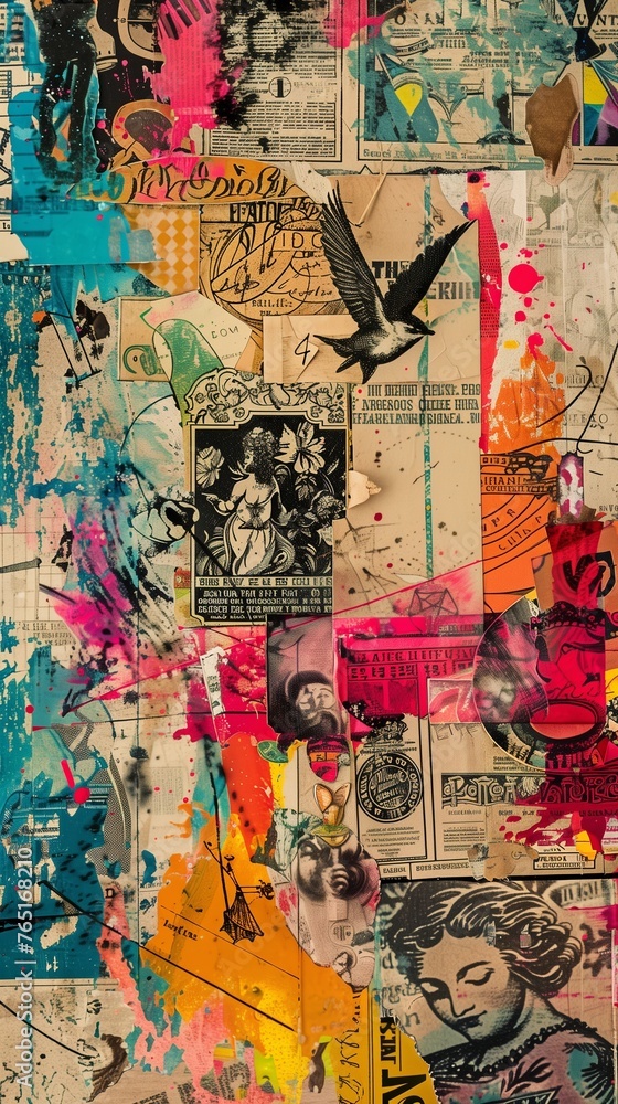 Fototapeta premium Elegant Fusion of Vintage Ephemera and Contemporary Design in a Paper Collage - Ultra High-Resolution, Noise-Free Artistic Wallpaper. T