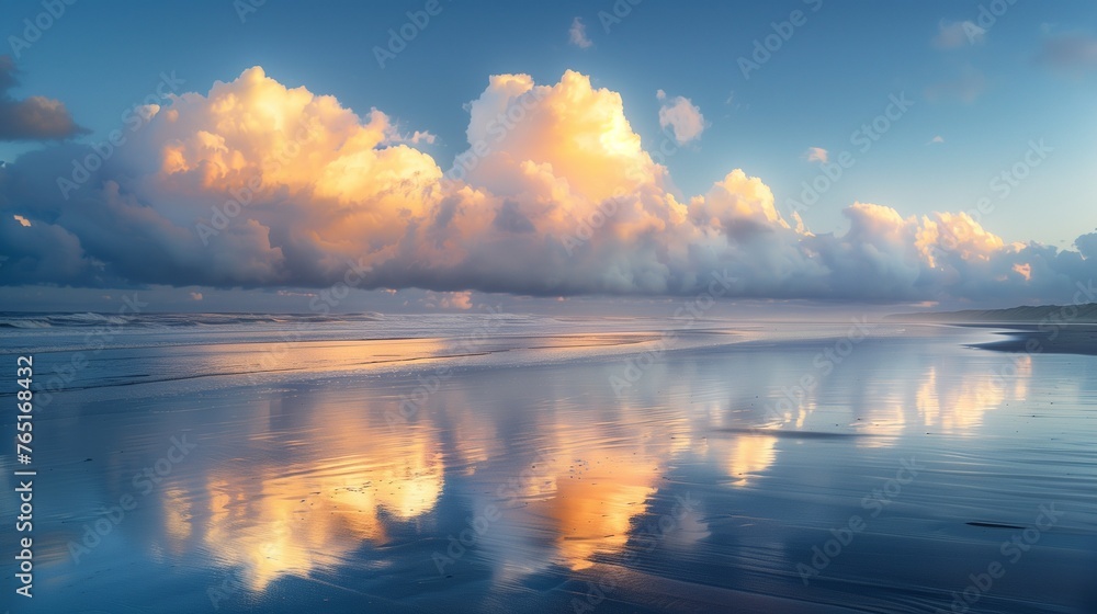 Enchanting Twilight Cloudscape with Golden Hour Lighting on a Tranquil Beach - Ultimate Clarity Landscape Shot.