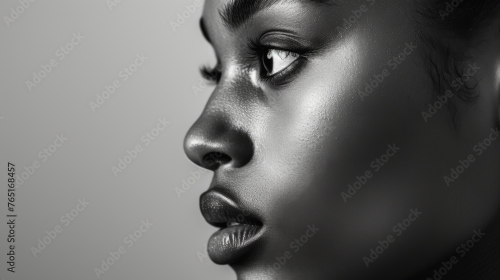 A captivating black and white close-up portrait of a young woman's nose and lips. Her eyes are closed, face turned slightly to the right, exuding elegance and allure. A captivating black and white close-up portrait of a young woman's nose and lips. Her eyes are closed, face turned slightly to the right, exuding elegance and allure.