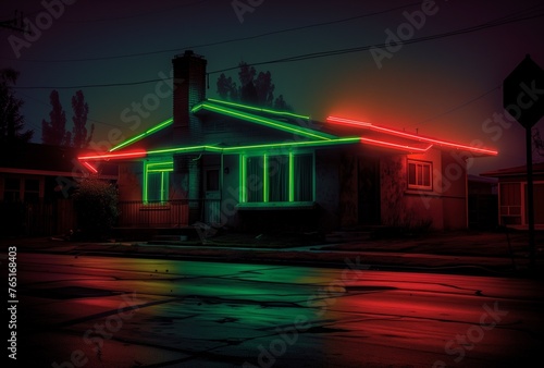 Realistic outdoor nighttime color photograph of a bungalow style house with many neon lights. From the series “Art Film - Color.”